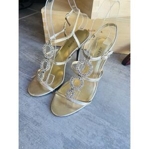 ALFANI Gold Lila High Heels Designer Strappy Sandals Rhinestone Shoes Leather 6